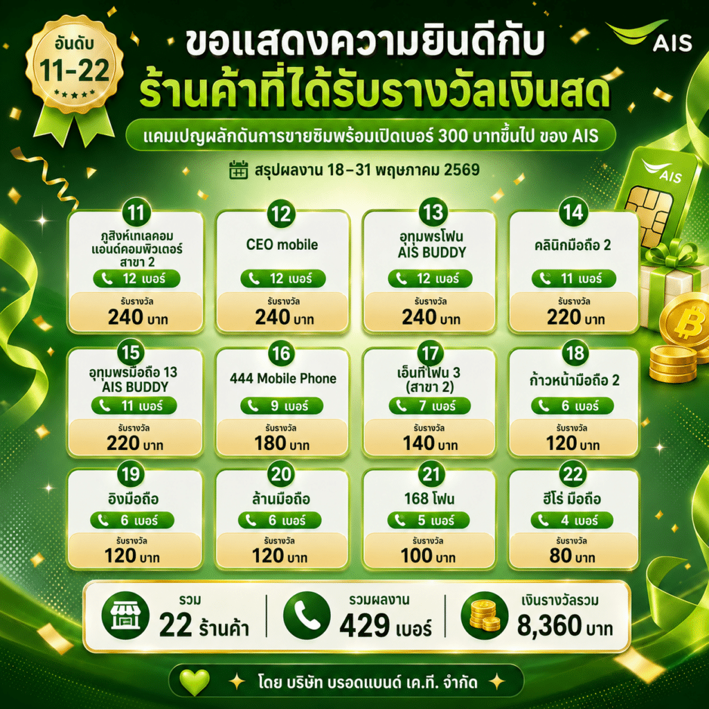 การขายซิมพร้อมเปิดเบอร์ 300 บาทขึ้นไป ของ AIS สรุปผลงานช่วงวันที่ 18–31 พฤษภาคม 2569